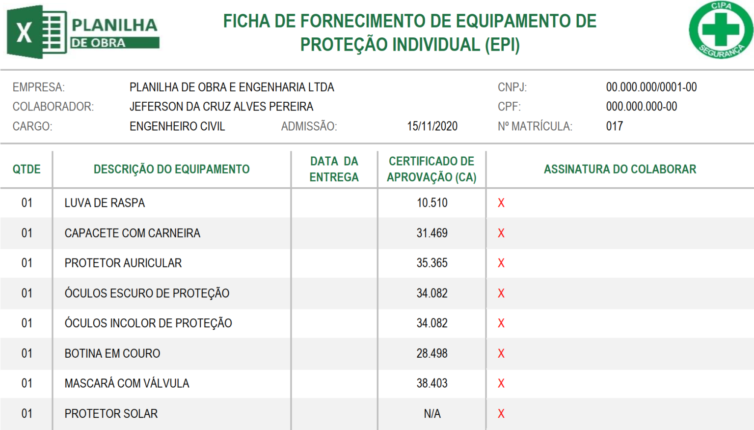 GUIA COMPLETO DE FICHA DE EPI Planilha De Obra