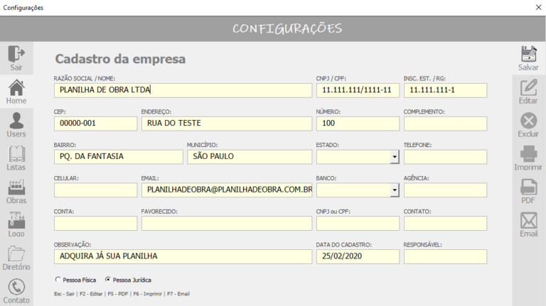 Tela de cadastro de empresa no modo edição em configuração na PlanGOR | Planilha de Obra