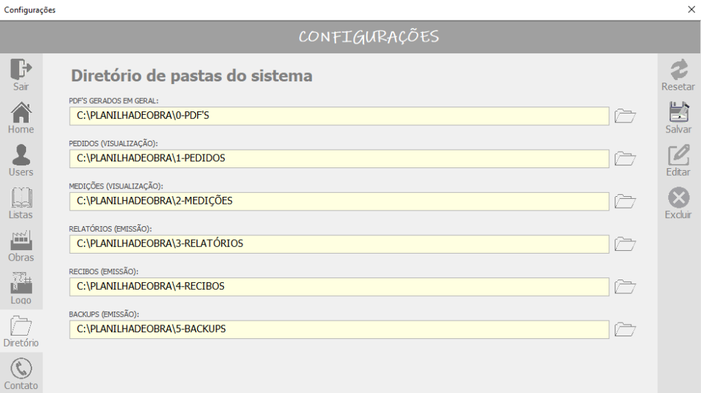 Tela de diretórios no modo edição em configurações da PlanGOR | Planilha de Obra