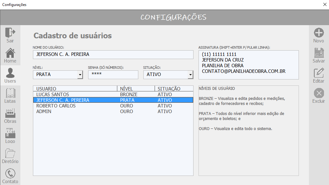 Tela de cadastro de usuários em configurações na PlanGOR | Planilha de Obra