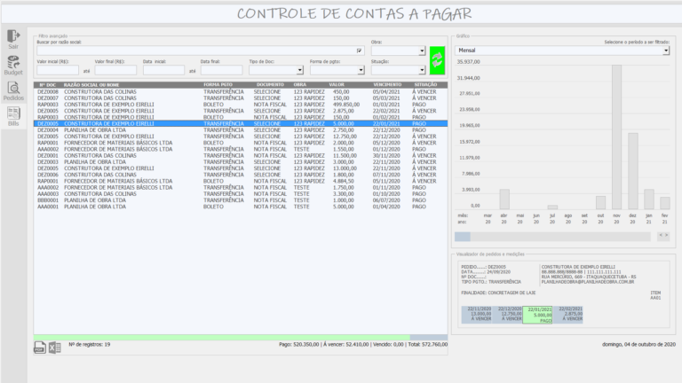Tela de bills e contas a pagar da PlanGOR | Planilha de Obra