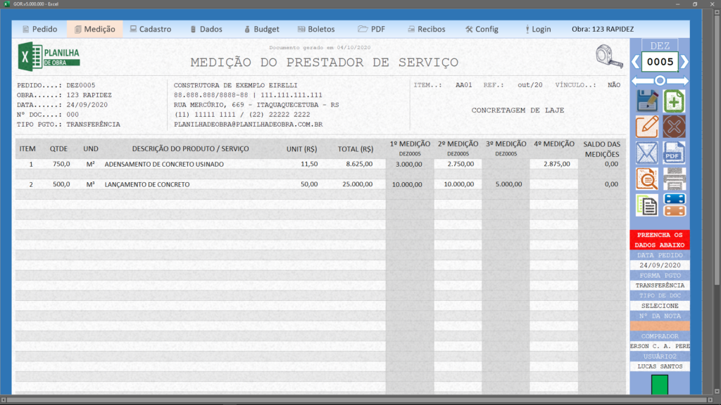 Tela de medições 2 da PlanGOR | Planilha de Obra
