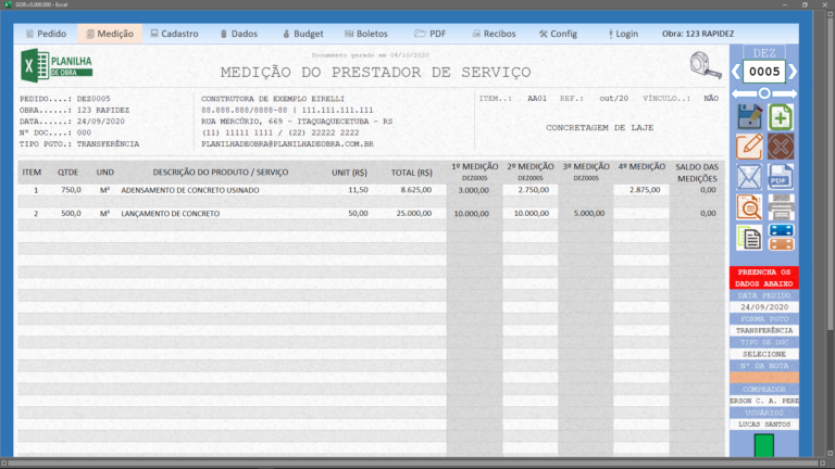 Tela de medições 2 da PlanGOR | Planilha de Obra