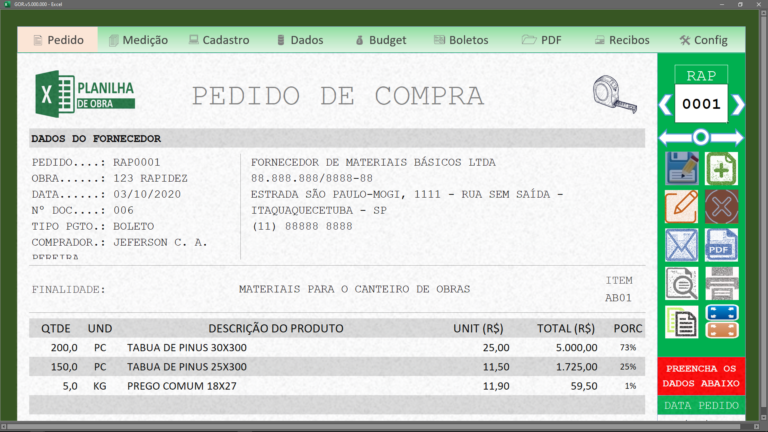 Tela de pedido de compra da PlanGOR | Planilha de Obra