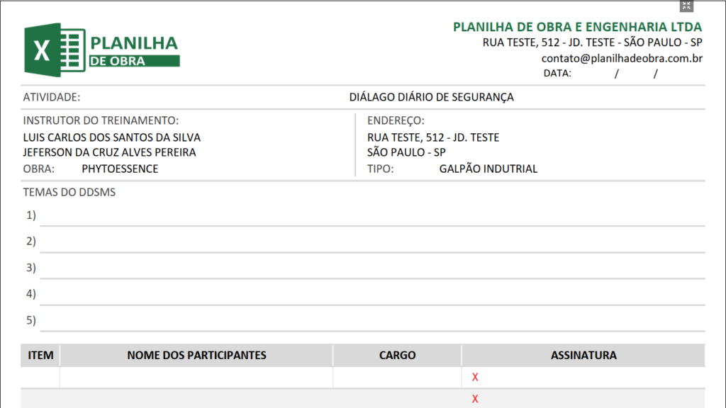 Modelo de dds | Planilha de Obra